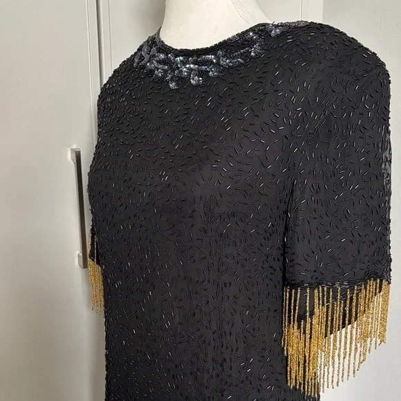 Vintage Silk Lori Ann Elegant Black and Gold Sequin Fringe Dress - Picture 4 of 14